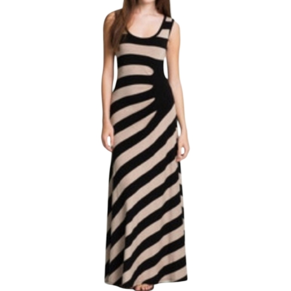 Calvin Klein Black and Tan Striped Maxi Dress Size 8 - Picture 1 of 6